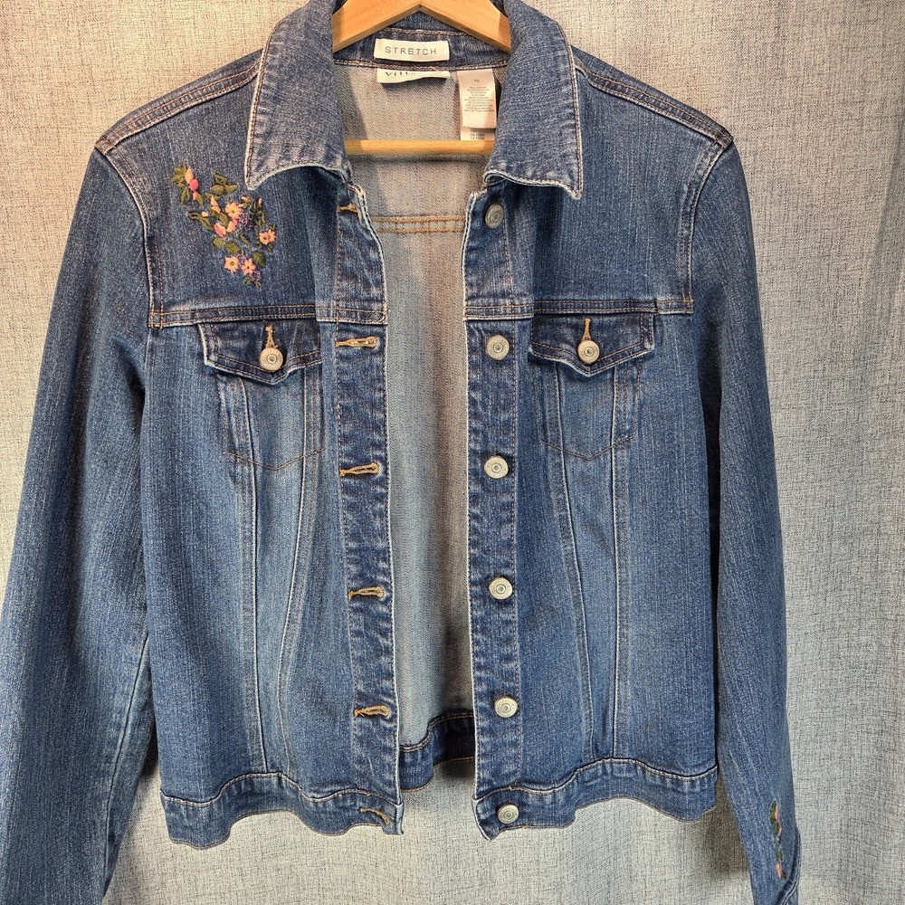 Y2K Denim Floral Embroidered Jean Jacket Liz Claiborne Boho Stretch Sz 10 Hippie